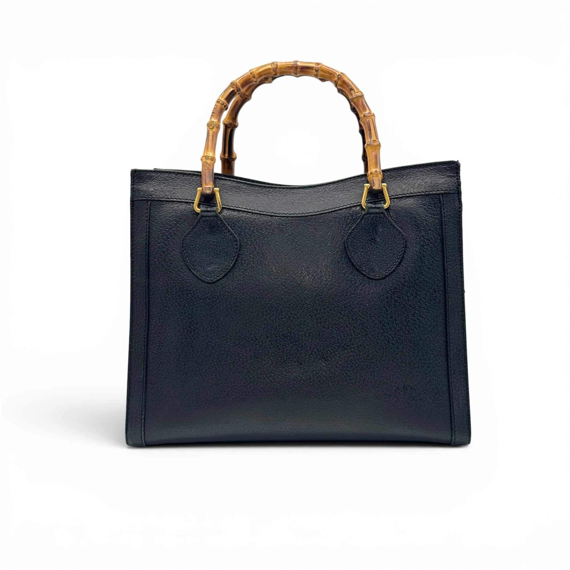Borsa tote Borse Vintage Gucci in pelle nera granulata con iconico manico superiore in bambù naturale