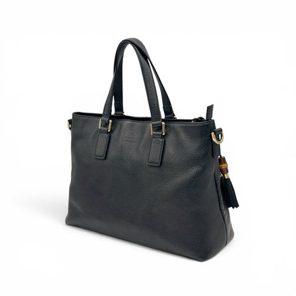 Borsa tote Borse Vintage Gucci in pelle nera martellata con dettagli dorati, nappa e inserto in bambù
