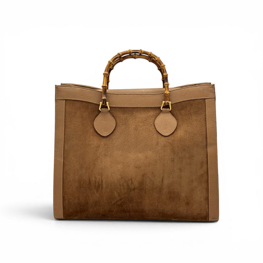 Borsa tote Borse Vintage Gucci in pelle scamosciata marrone con iconico manico in bambù e dettagli in pelle