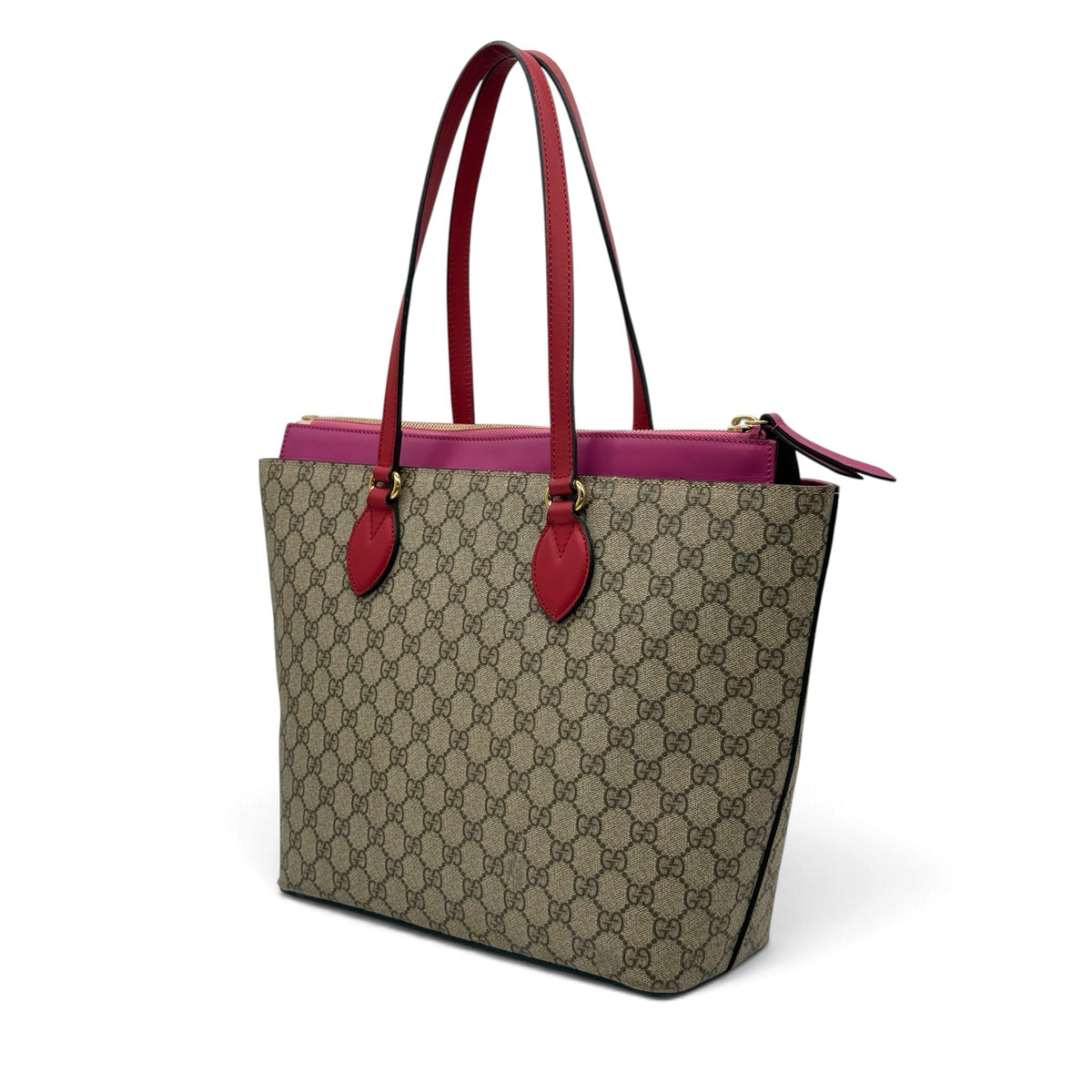 Borsa tote Borse Vintage Gucci in tela GG Supreme beige con manici e dettagli in pelle rossa e fucsia