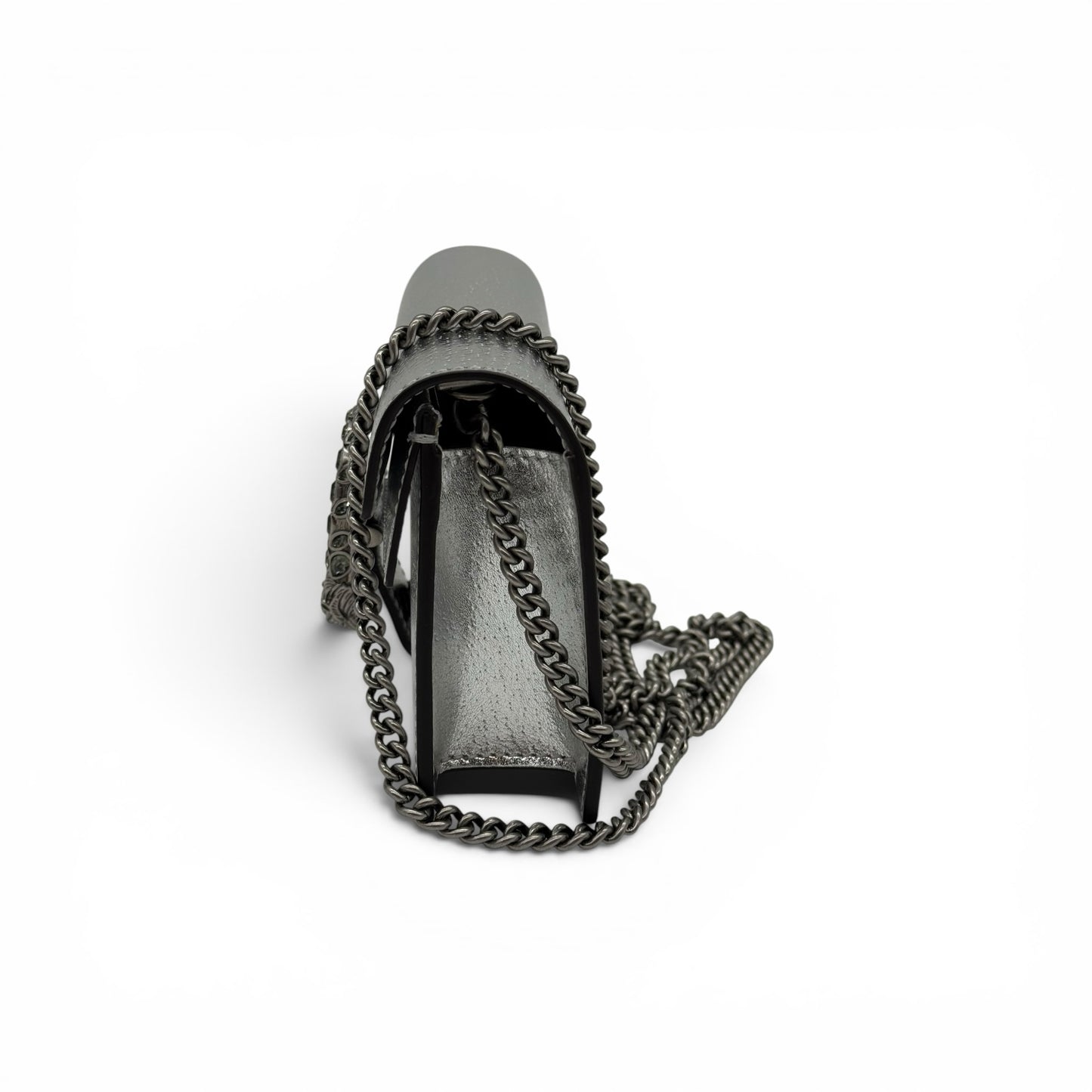 Borsa a tracolla Borse Vintage Gucci Dionysus Mini in pelle metallizzata argento con tracolla a catena brunita