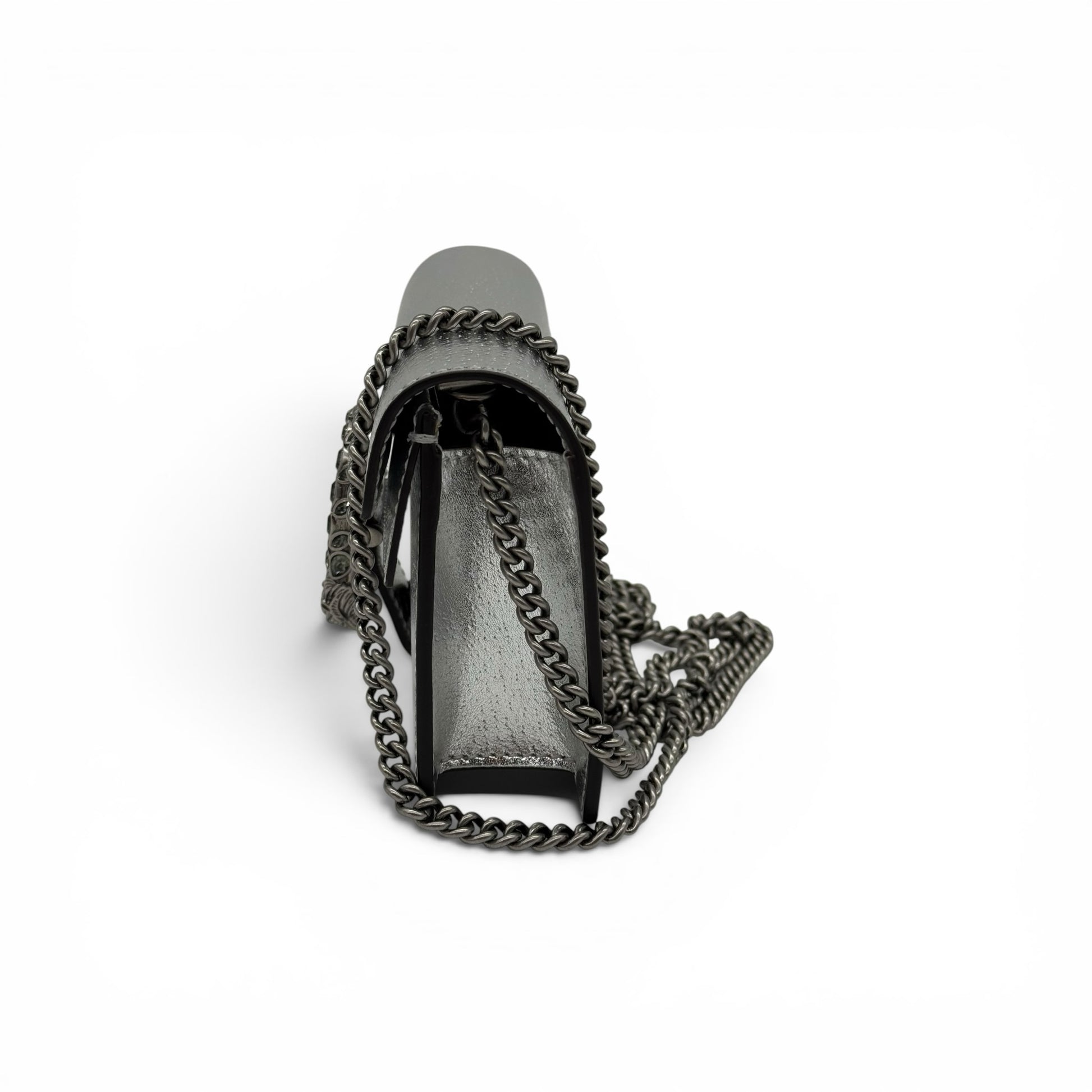 Borsa a tracolla Borse Vintage Gucci Dionysus Mini in pelle metallizzata argento con tracolla a catena brunita