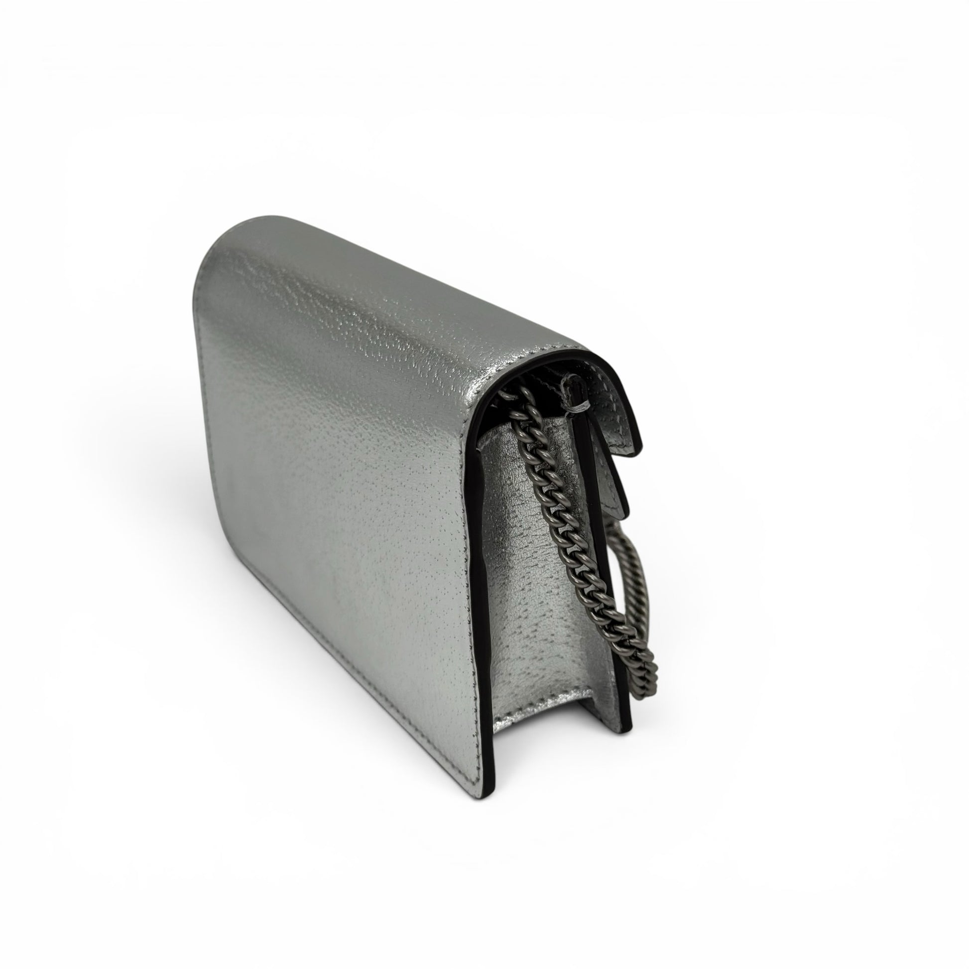 Borsa a tracolla Borse Vintage Gucci Dionysus mini in pelle metallizzata argento con tracolla a catena brunita
