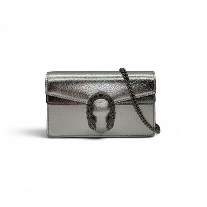 Borsa a tracolla Borse Vintage Gucci Dionysus mini in pelle metallizzata argento con chiusura a testa di tigre