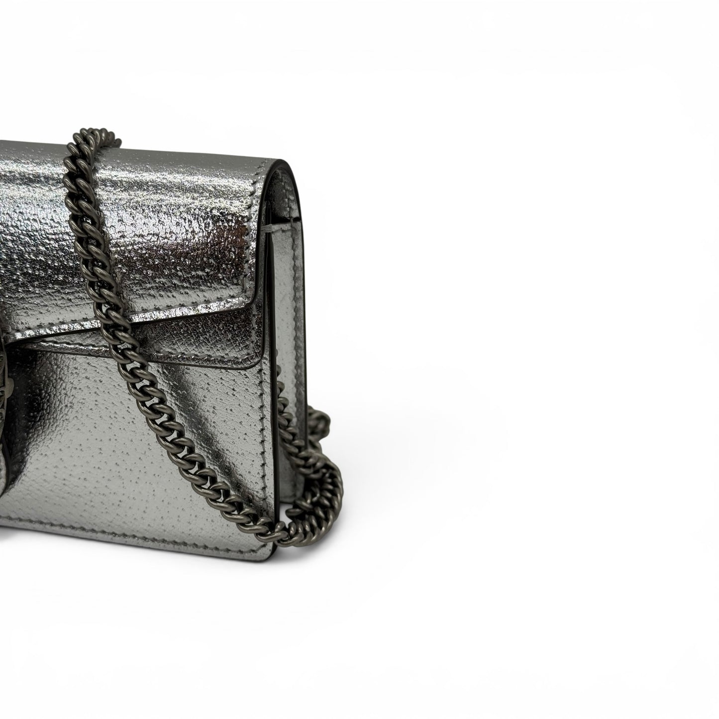 Borsa a tracolla Borse Vintage Gucci Dionysus mini in pelle metallizzata argento con catena brunita
