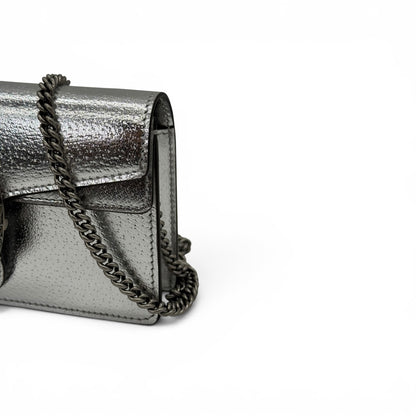 Borsa a tracolla Borse Vintage Gucci Dionysus mini in pelle metallizzata argento con catena brunita