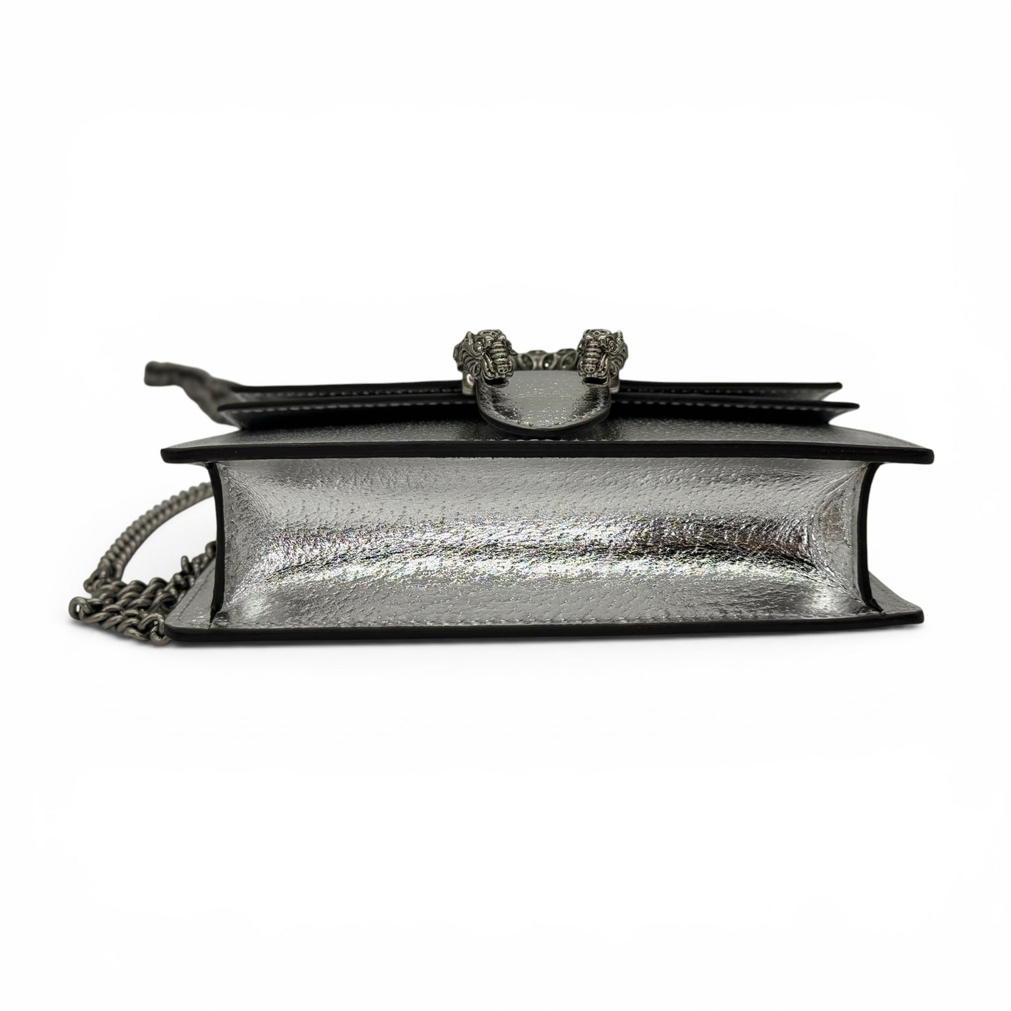 Borsa a tracolla Borse Vintage Gucci Dionysus Mini in pelle metallizzata argento con chiusura a testa di tigre