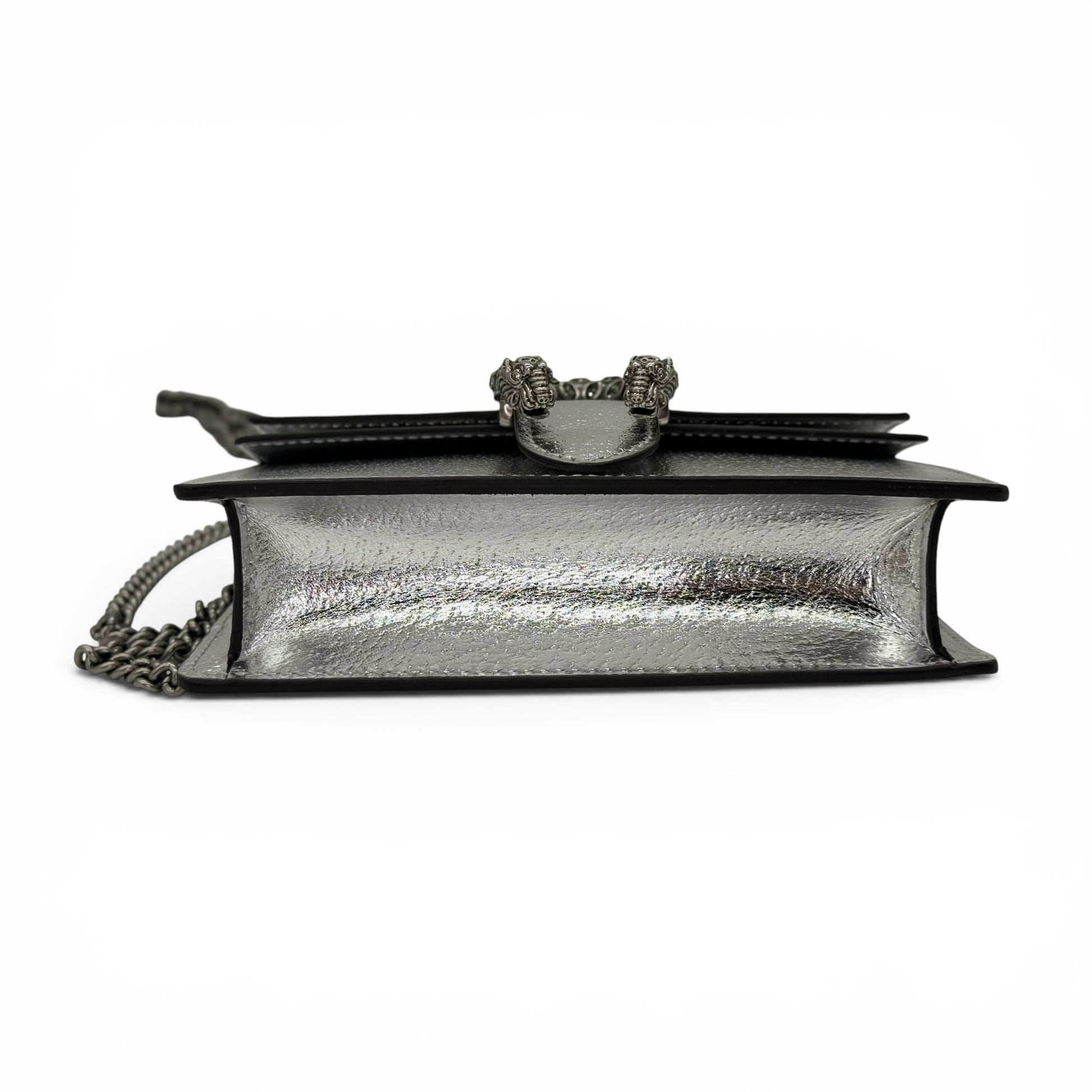Borsa a tracolla Borse Vintage Gucci Dionysus Mini in pelle metallizzata argento con chiusura a testa di tigre