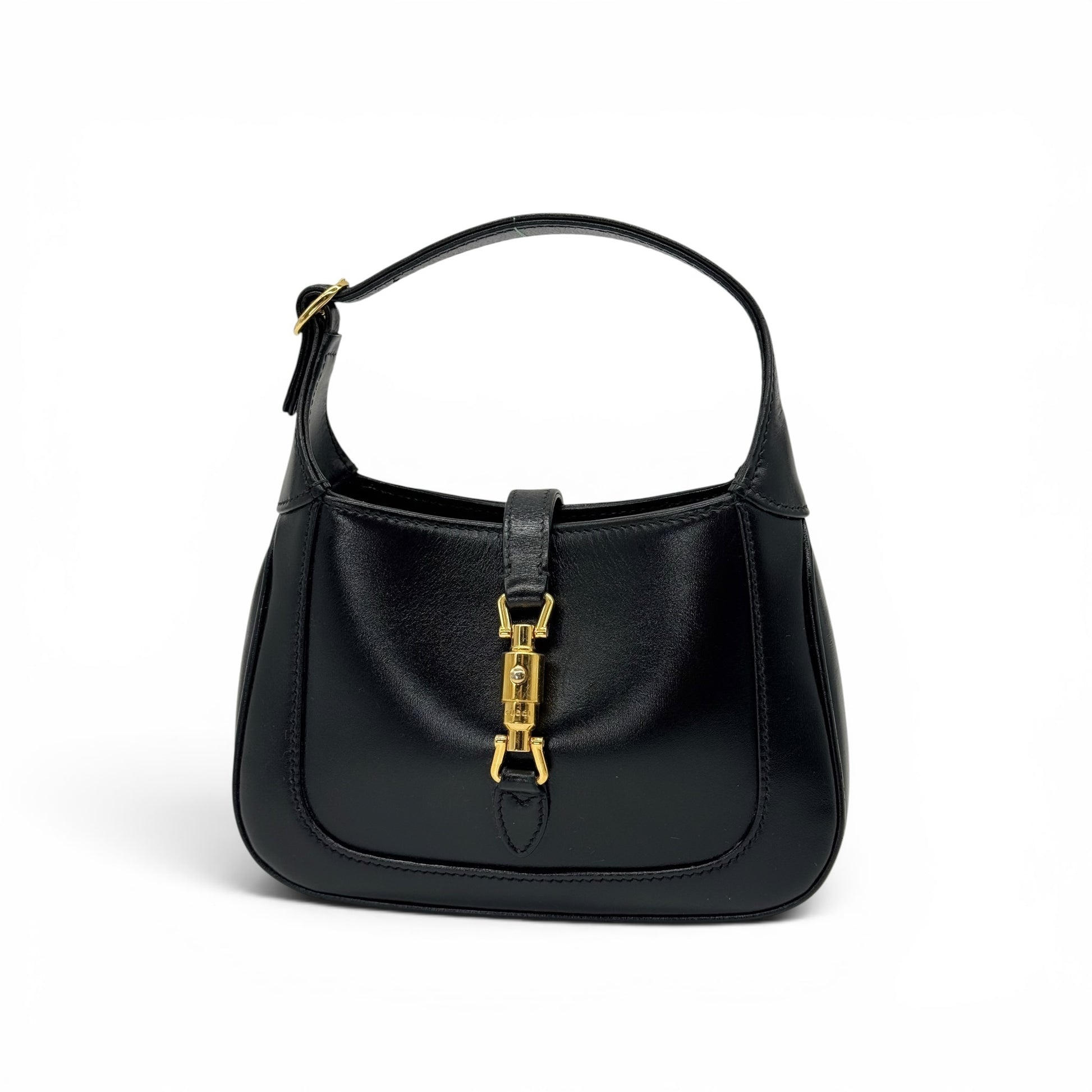 Borsa a spalla Borse Vintage Gucci Jackie 1961 in pelle nera liscia con iconica chiusura a pistone in metallo dorato