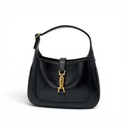 Borsa a spalla Borse Vintage Gucci Jackie 1961 in pelle nera liscia con iconica chiusura a pistone in metallo dorato