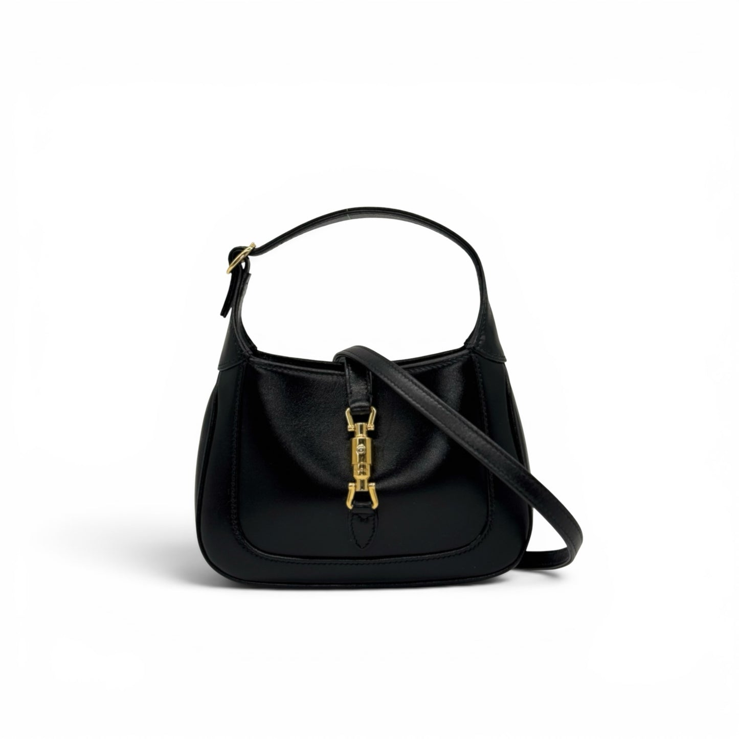 Borsa a spalla Borse Vintage Gucci Jackie 1961 in pelle nera con chiusura a pistone dorata e manico regolabile