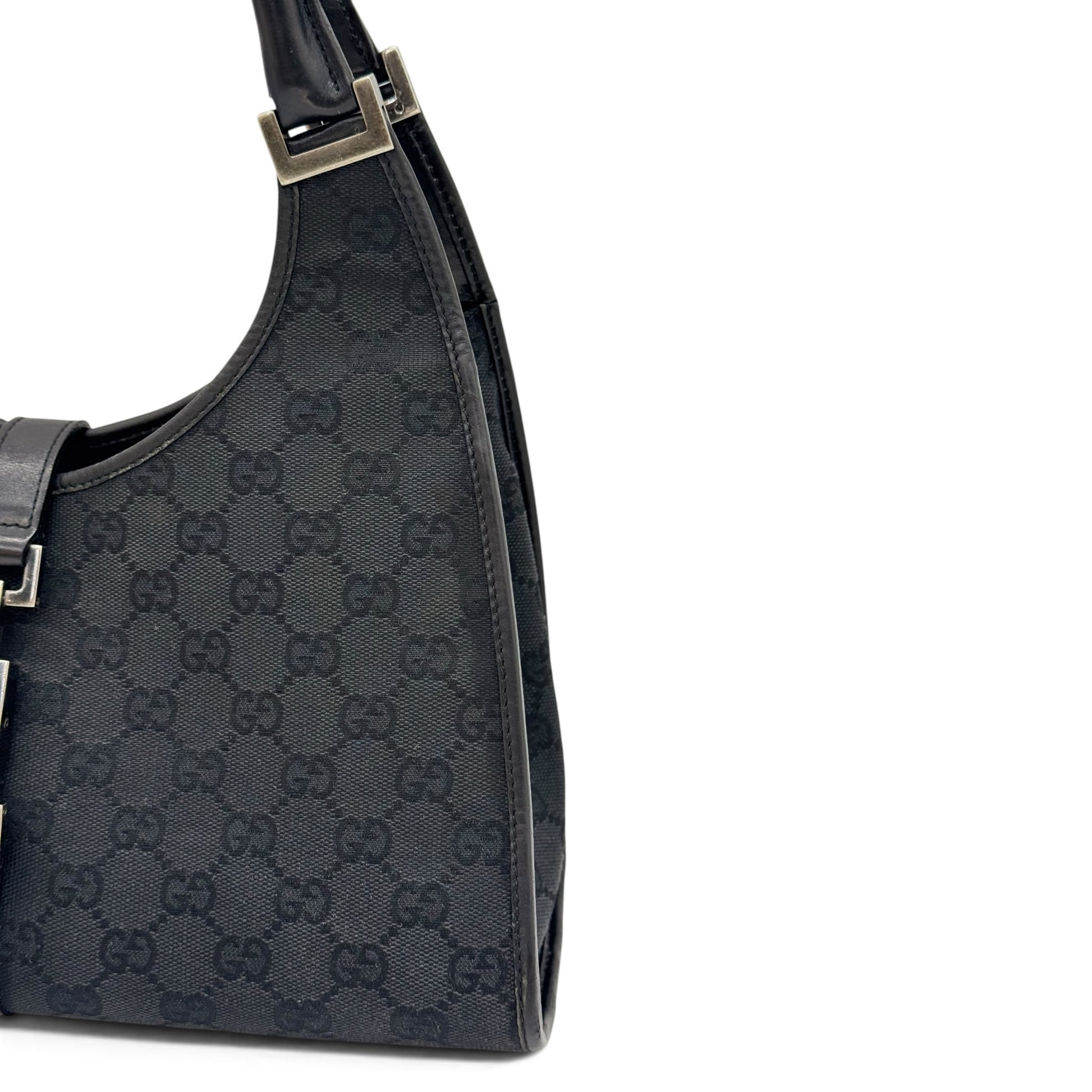 Borsa a spalla Borse Vintage Gucci Jackie in tessuto nero con motivo GG tono su tono e dettagli in pelle nera