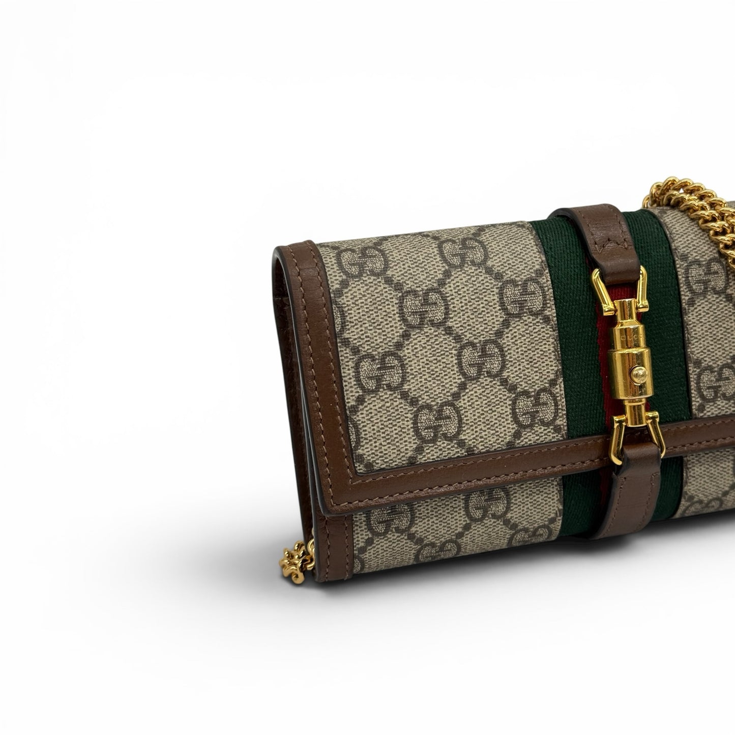 Portafoglio a tracolla Borse Vintage Gucci Jackie in tela GG Supreme con nastro Web, finiture in pelle e catena dorata