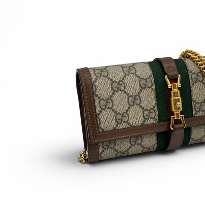 Portafoglio a tracolla Borse Vintage Gucci Jackie in tela GG Supreme con nastro Web, finiture in pelle e catena dorata