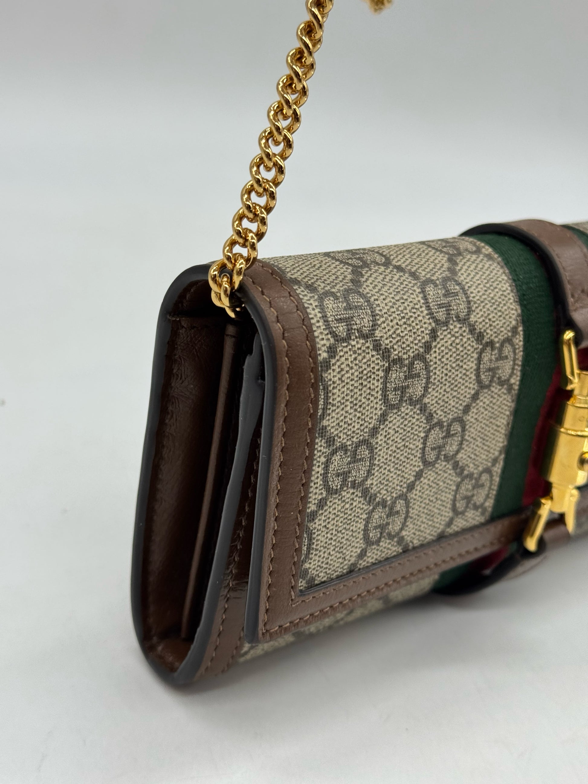 Portafoglio a tracolla Borse Vintage Gucci Jackie in tela GG Supreme con nastro Web, finiture in pelle e catena dorata