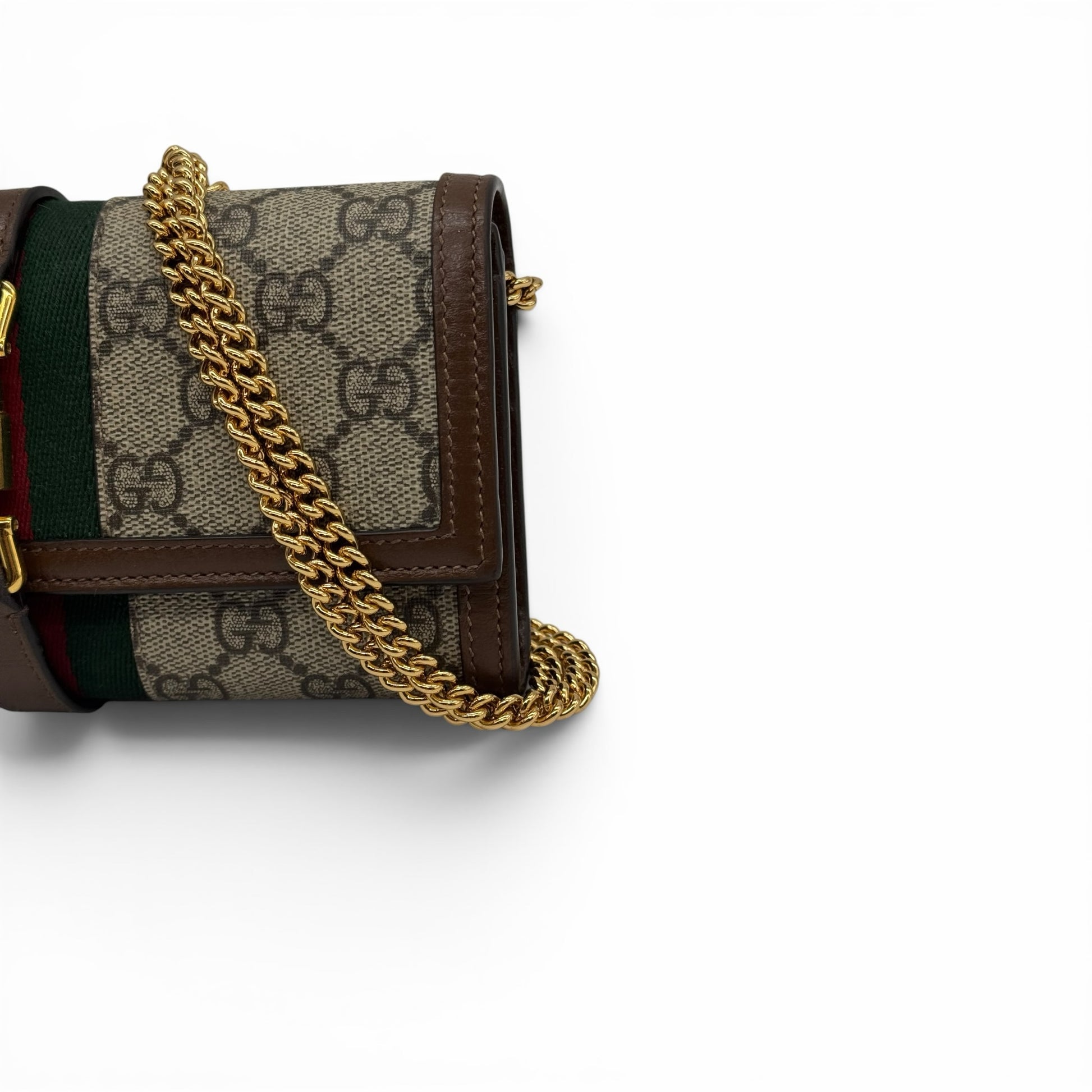 Borsa a tracolla Borse Vintage Gucci Jackie in tela GG Supreme con nastro Web, finiture in pelle e catena dorata