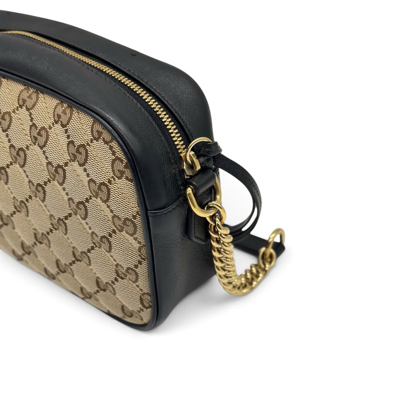 Borsa a tracolla Borse Vintage Gucci Marmont in tela GG Supreme beige e pelle nera con dettagli in metallo dorato