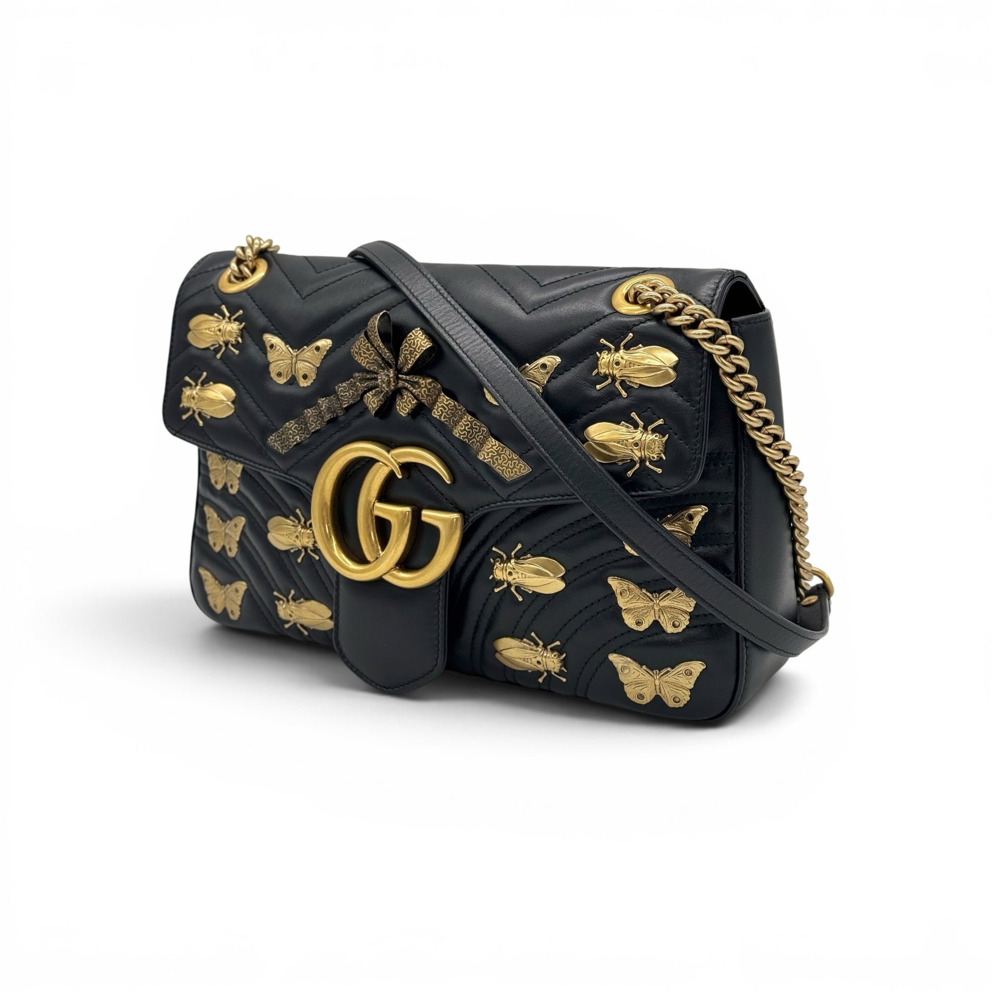 Borsa a tracolla Borse Vintage Gucci Marmont in pelle nera matelassé con applicazioni dorate a forma di api e farfalle