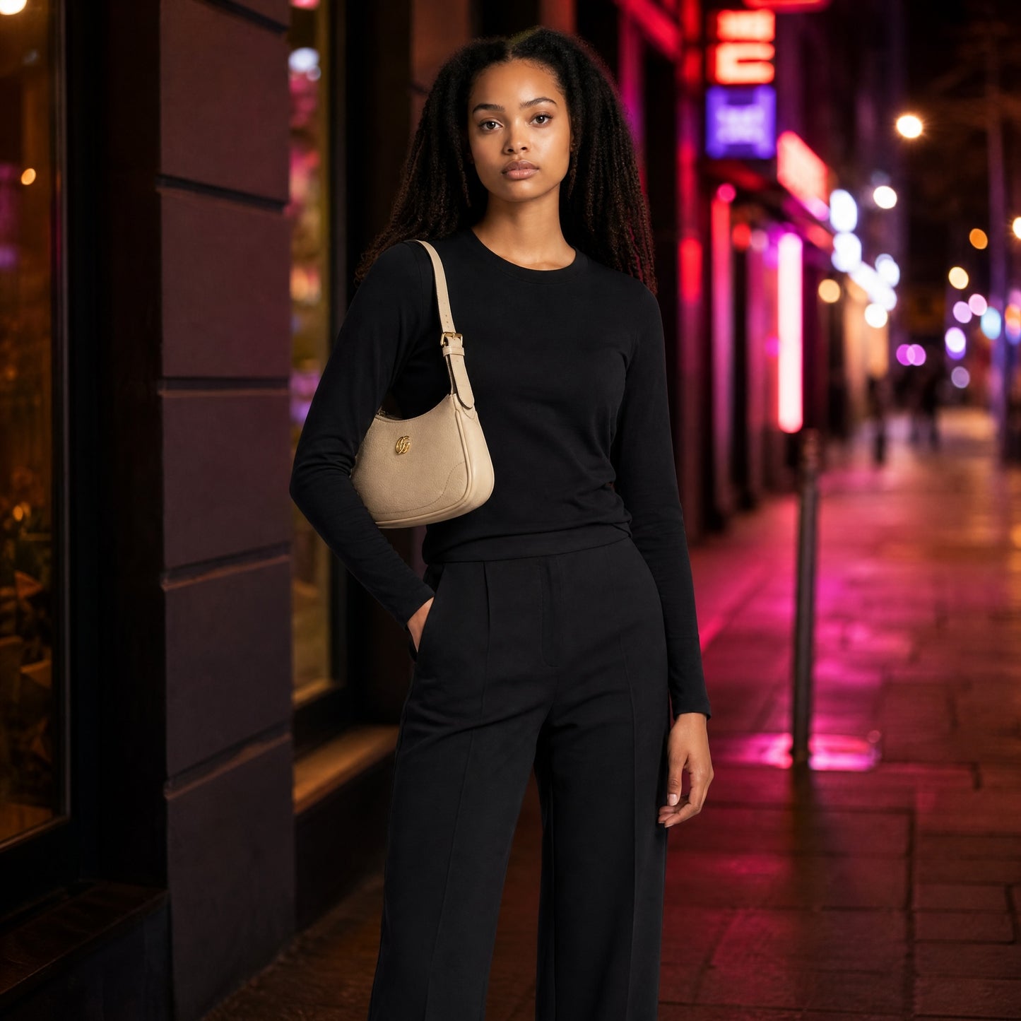 Modella indossa borsa a spalla Borse Vintage Gucci Ophidia in pelle avorio con logo GG dorato in contesto urbano serale