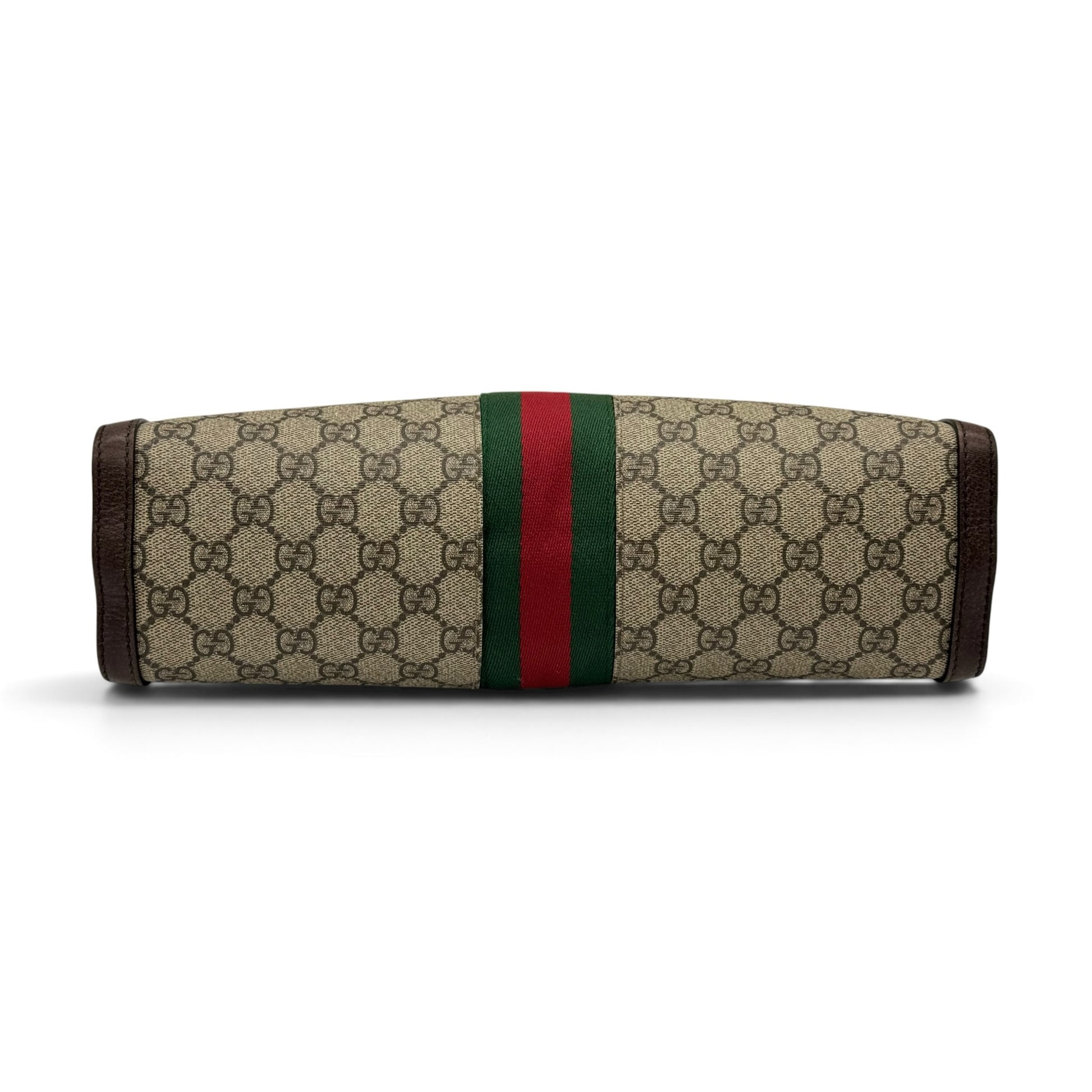 Base della borsa a spalla Borse Vintage Gucci Ophidia in tela GG Supreme con nastro Web verde e rosso e pelle marrone