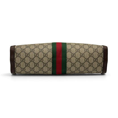 Base della borsa a spalla Borse Vintage Gucci Ophidia in tela GG Supreme con nastro Web verde e rosso e pelle marrone