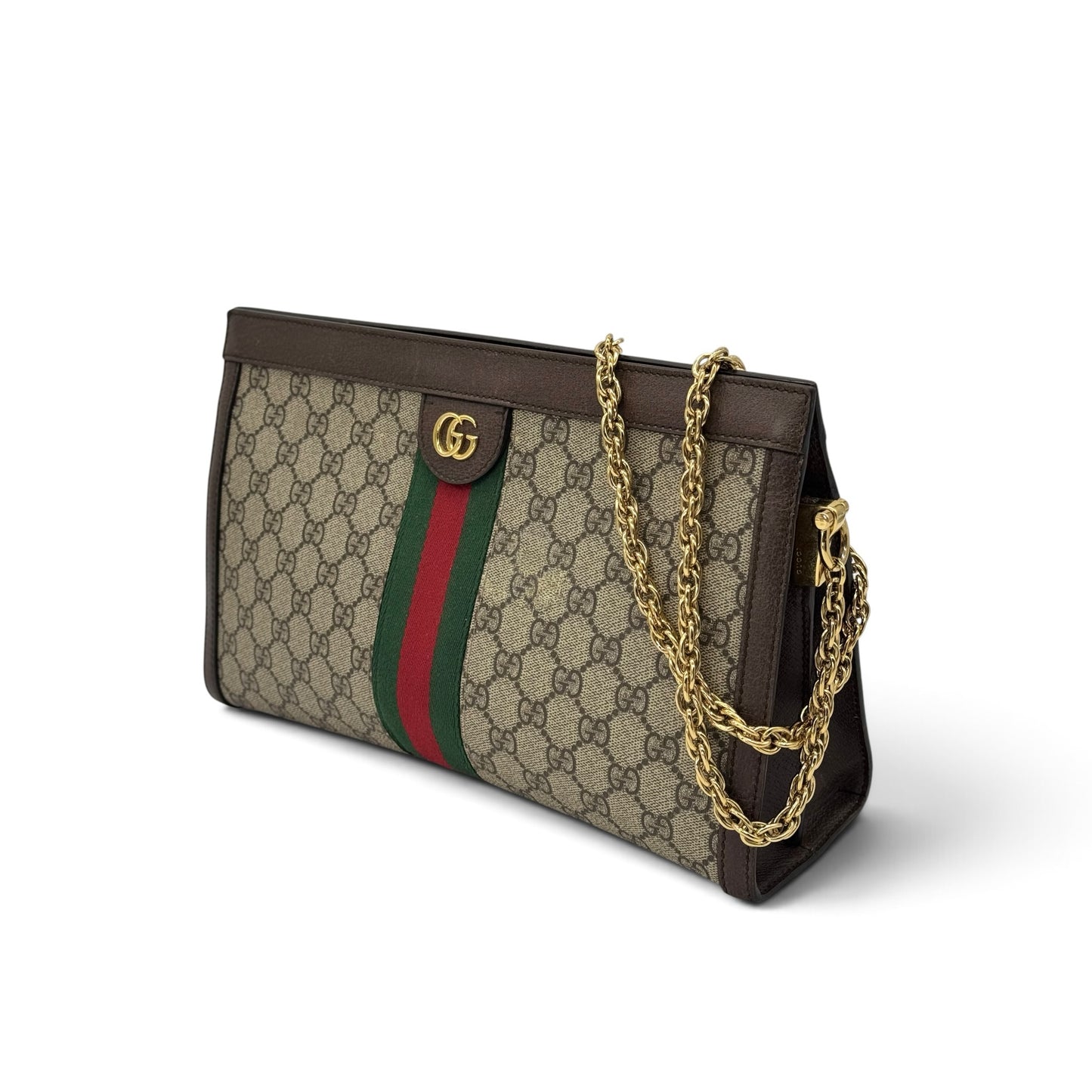 Borsa a spalla Borse Vintage Gucci Ophidia in tela GG Supreme con nastro Web, finiture in pelle e tracolla a catena