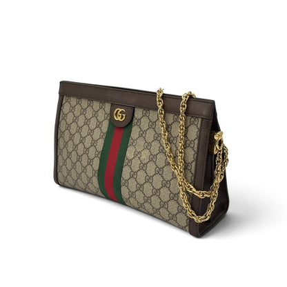 Borsa a spalla Borse Vintage Gucci Ophidia in tela GG Supreme con nastro Web, finiture in pelle e tracolla a catena