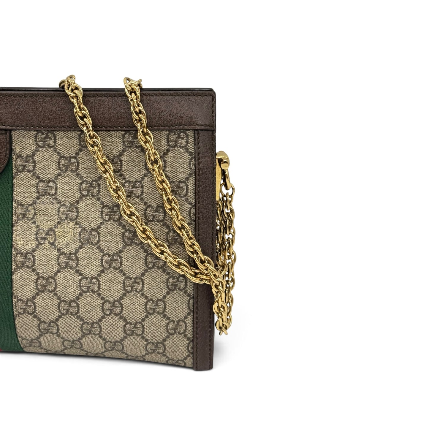 Dettaglio della borsa a spalla Borse Vintage Gucci Ophidia in tela GG Supreme con tracolla a catena dorata