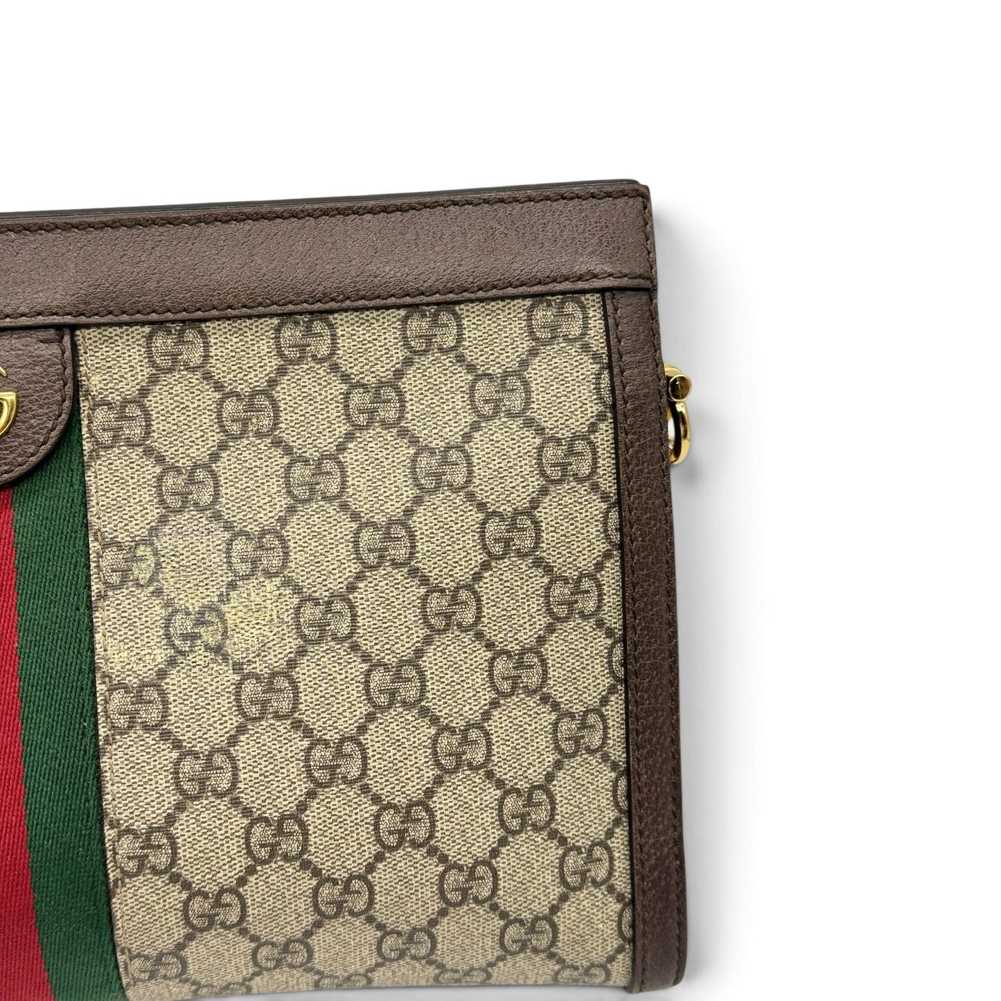 Dettaglio della borsa a spalla Borse Vintage Gucci Ophidia in tela GG Supreme con nastro Web e finiture in pelle
