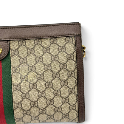 Dettaglio della borsa a spalla Borse Vintage Gucci Ophidia in tela GG Supreme con nastro Web e finiture in pelle