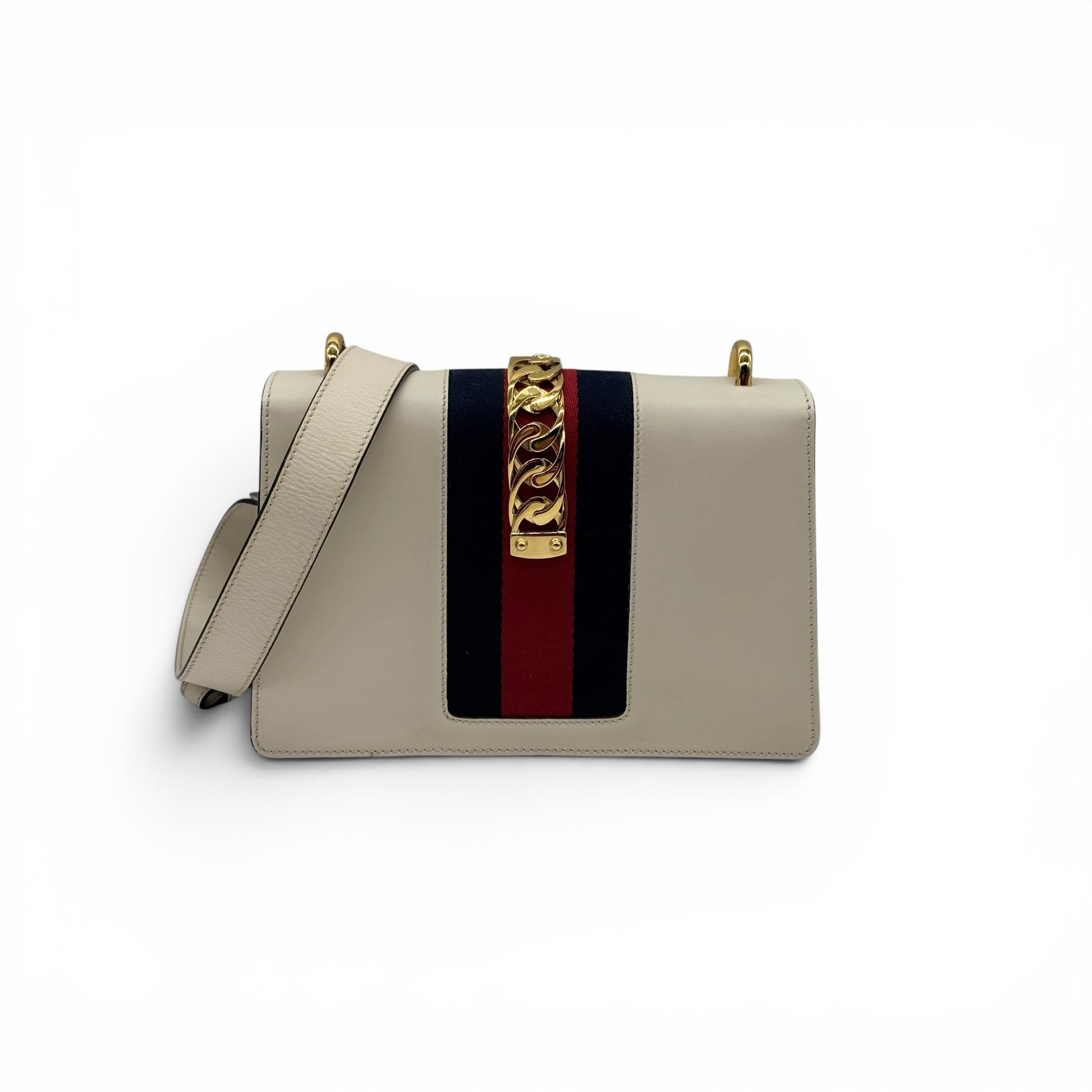 Borsa a tracolla Borse Vintage Gucci Sylvie in pelle bianca con nastro Web blu e rosso e catena dorata
