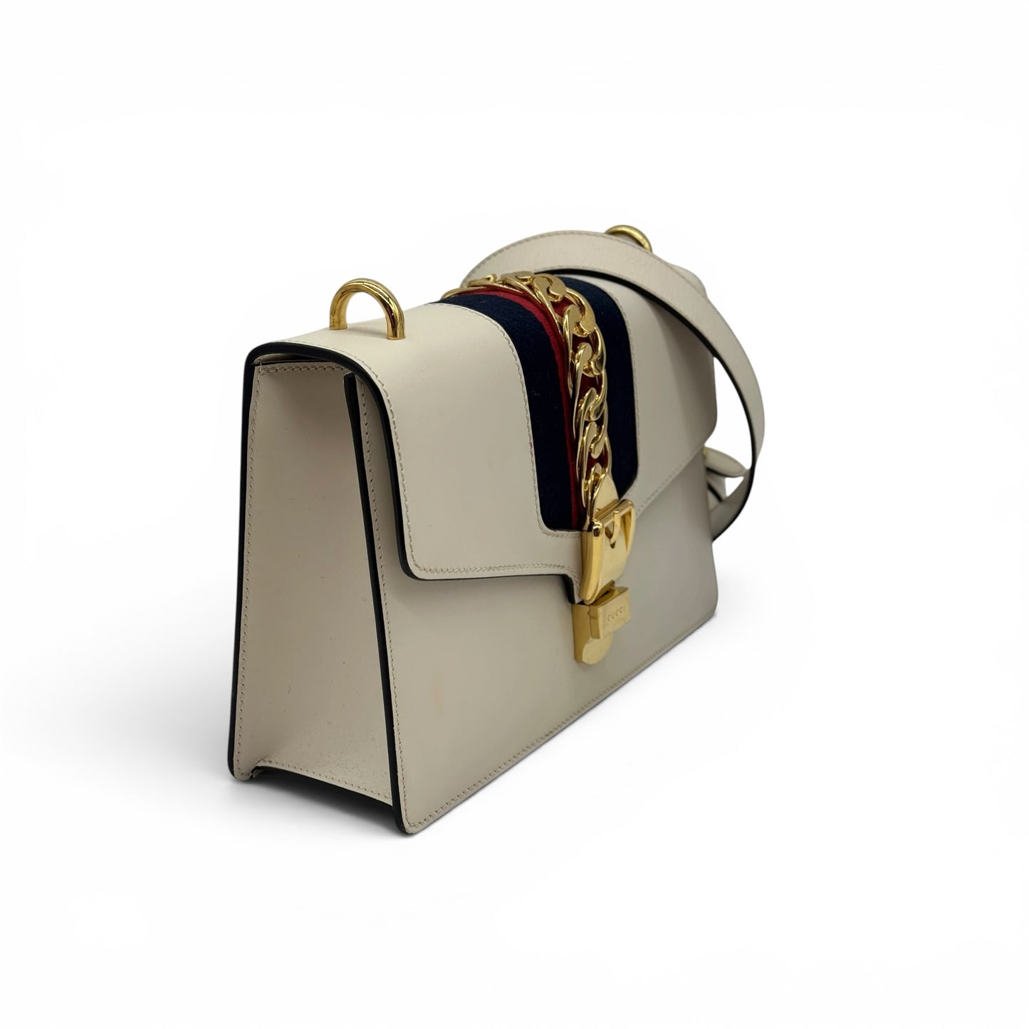 Borsa a tracolla Borse Vintage Gucci Sylvie in pelle bianca con nastro Web blu e rosso e catena dorata