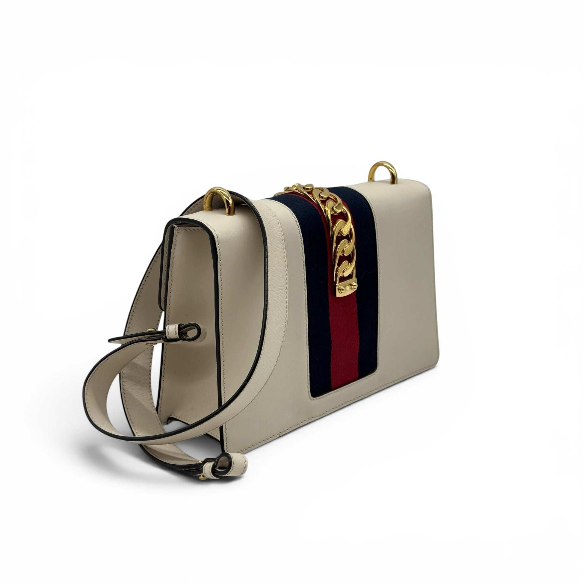 Borsa a tracolla Borse Vintage Gucci Sylvie in pelle bianca con nastro Web blu e rosso e catena dorata