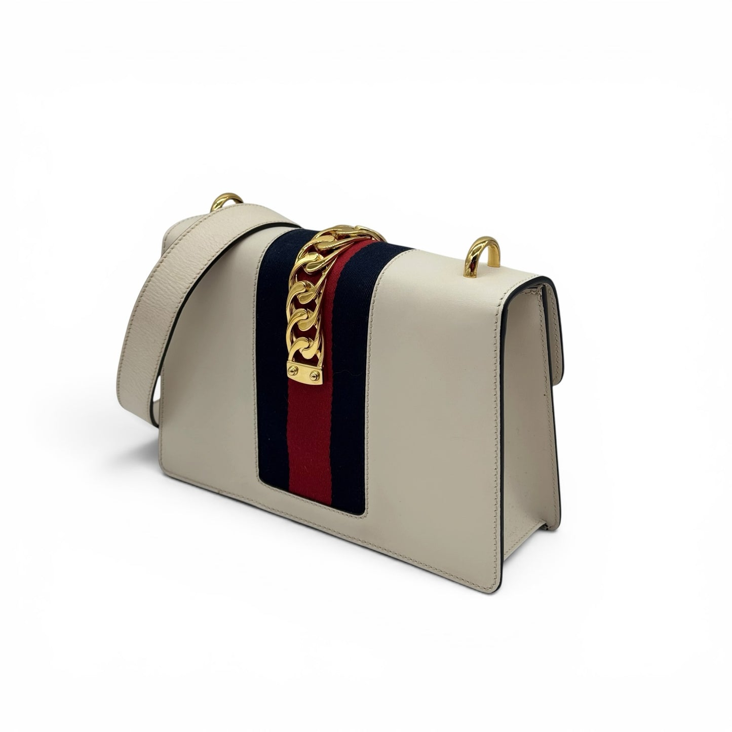 Borsa a tracolla Borse Vintage Gucci Sylvie in pelle bianca con nastro Web blu e rosso e catena dorata