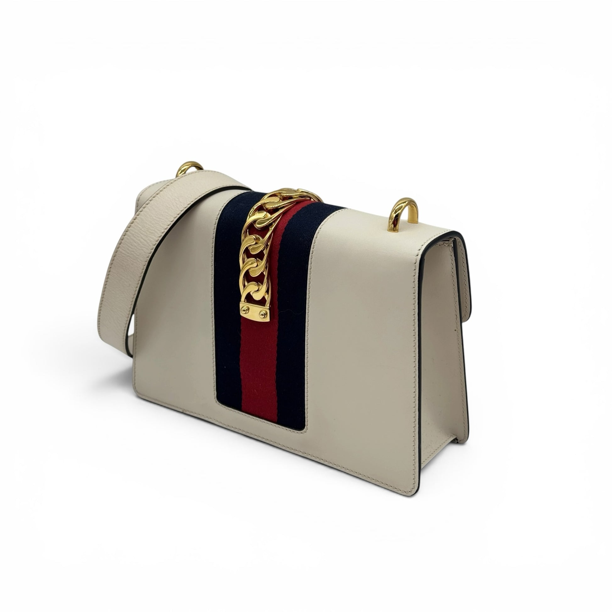 Borsa a tracolla Borse Vintage Gucci Sylvie in pelle bianca con nastro Web blu e rosso e catena dorata