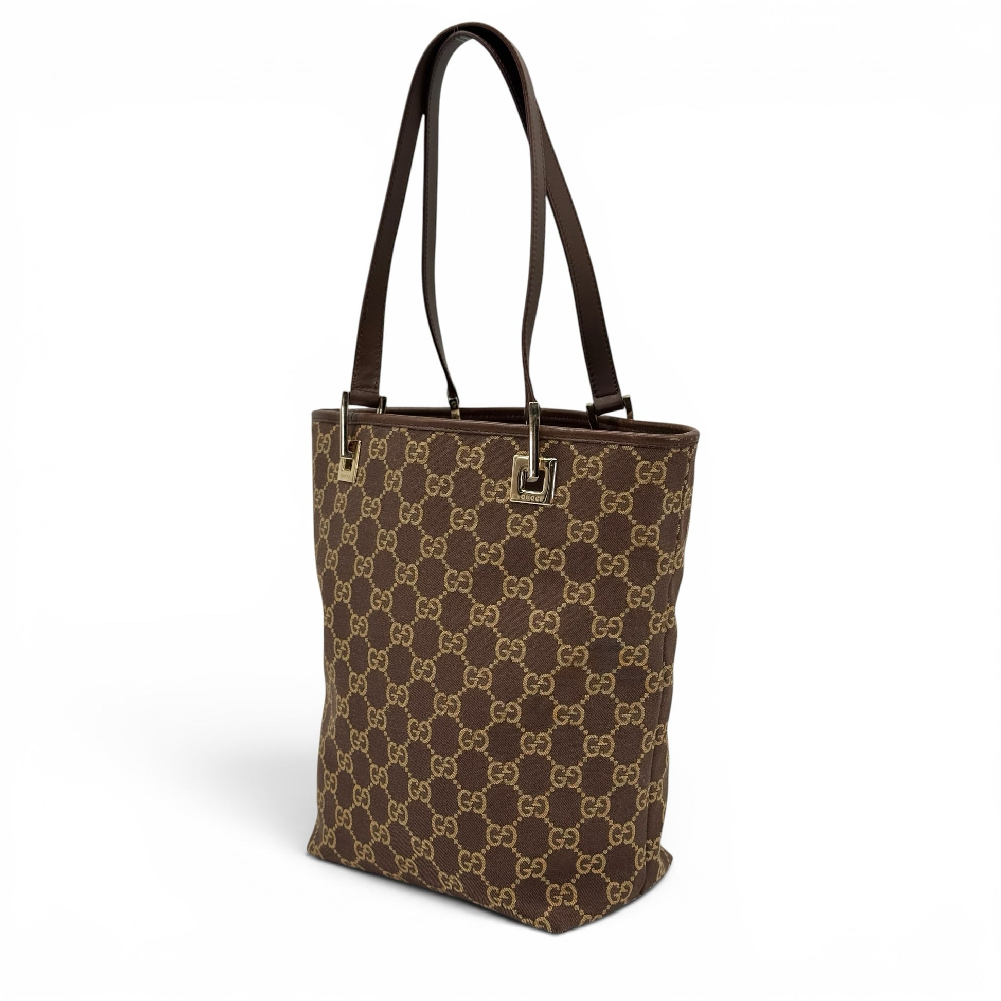 Borsa tote Borse Vintage Gucci in tessuto GG Supreme marrone con dettagli in pelle e finiture in metallo dorato