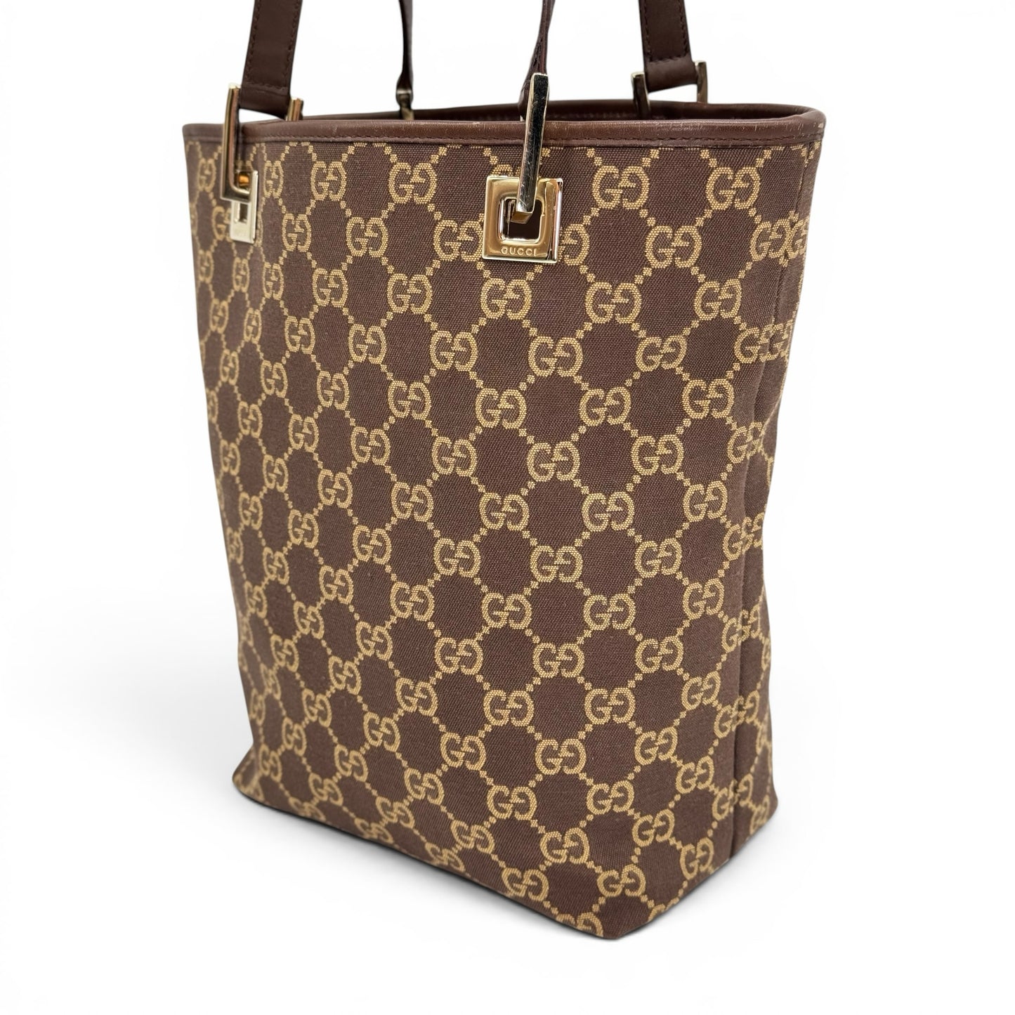 Borsa tote Borse Vintage Gucci in tessuto GG Supreme marrone con dettagli in pelle e finiture in metallo dorato