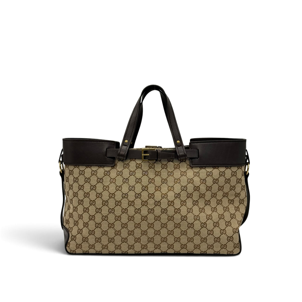 Borsa tote Borse Vintage Gucci in tela GG Supreme beige con finiture in pelle marrone e fibbia dorata