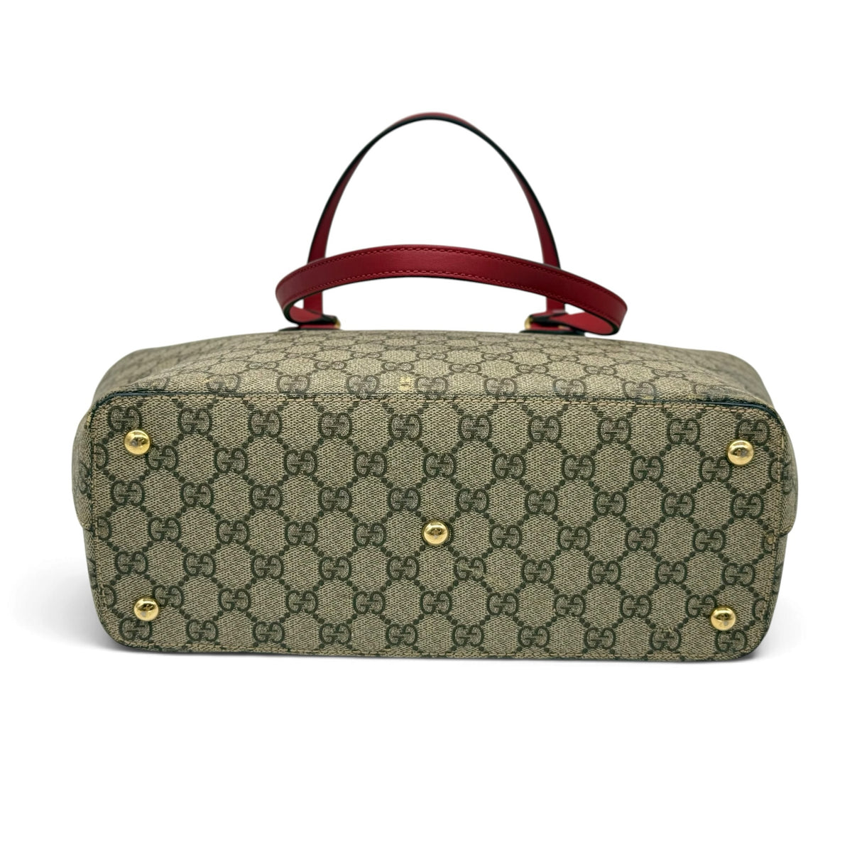 Borsa tote Borse Vintage Gucci in tela GG Supreme con manici rossi e piedini protettivi dorati sulla base