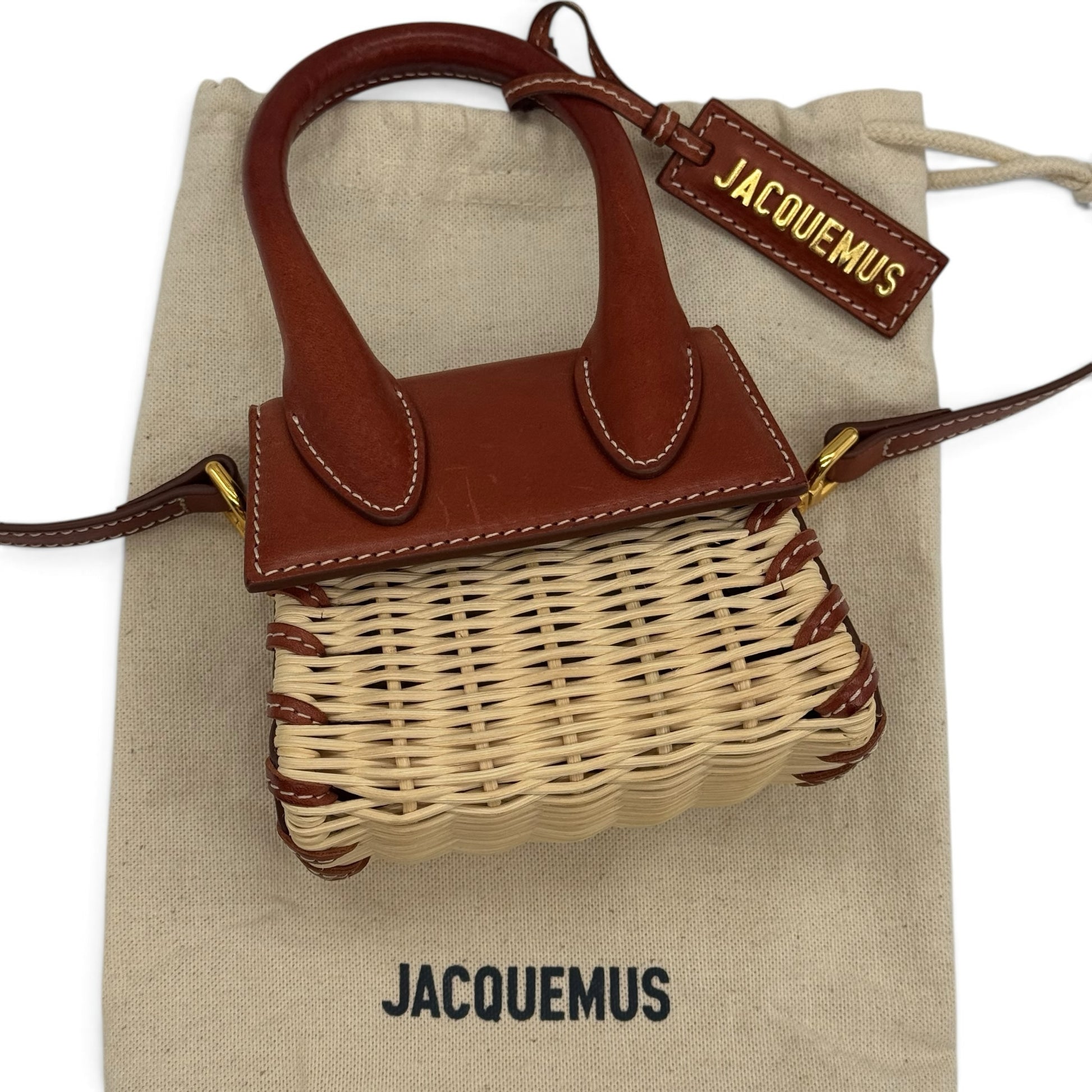 Borsa a mano Borse Vintage Jacquemus in pelle color cuoio e vimini naturale con logo dorato e tracolla rimovibile