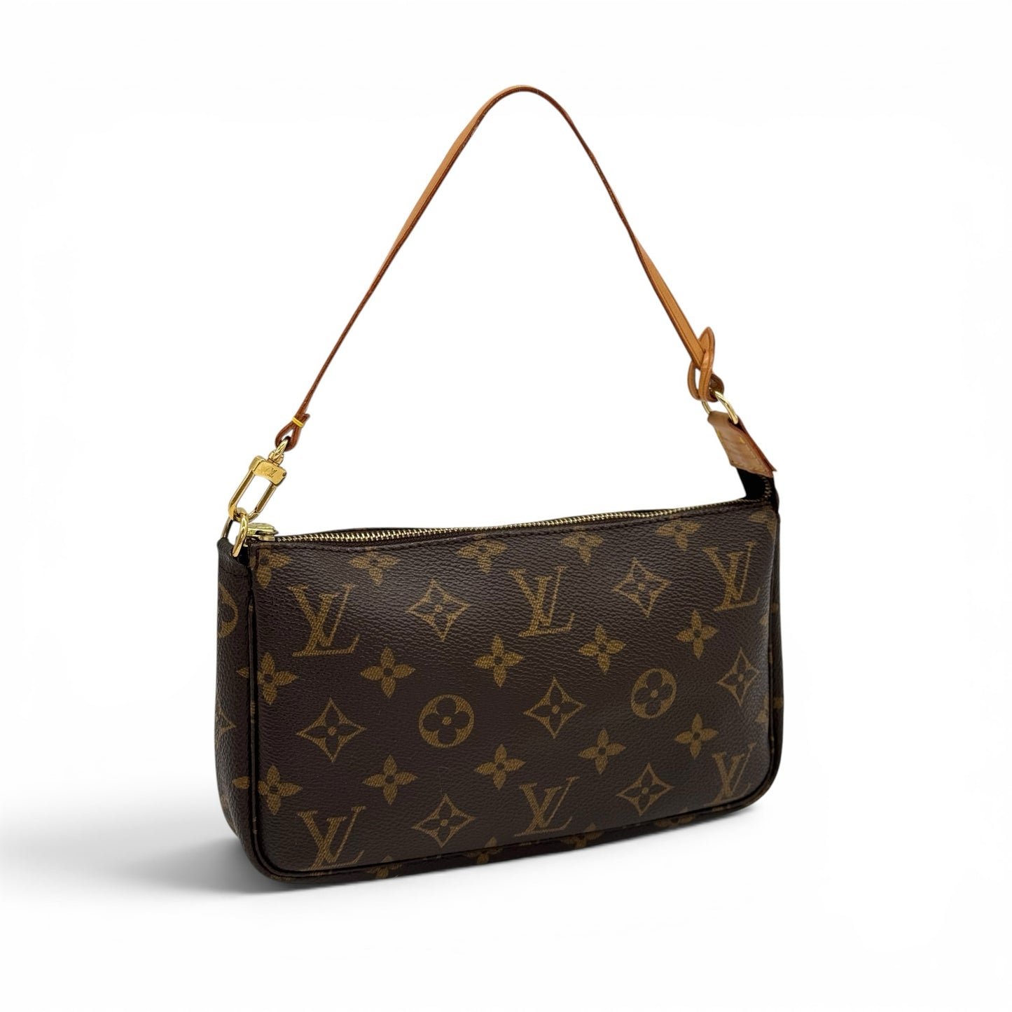 Pochette Louis Vuitton Pochette Accessoires Borse Vintage in tela Monogram marrone con dettagli in pelle e finiture oro