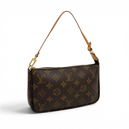 Pochette Louis Vuitton Pochette Accessoires Borse Vintage in tela Monogram marrone con dettagli in pelle e finiture oro