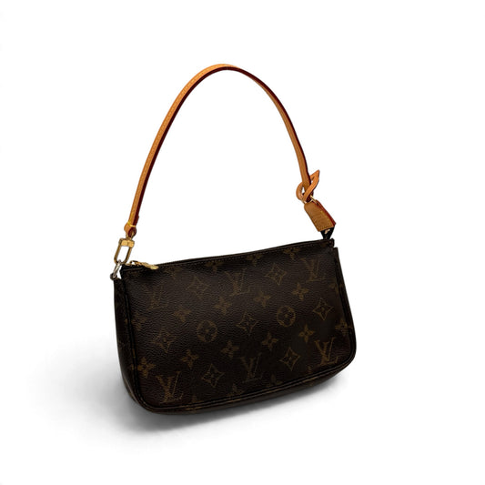 Borsa a spalla Borse Vintage Louis Vuitton Pochette Accessoires in tela Monogram marrone con manico in pelle naturale