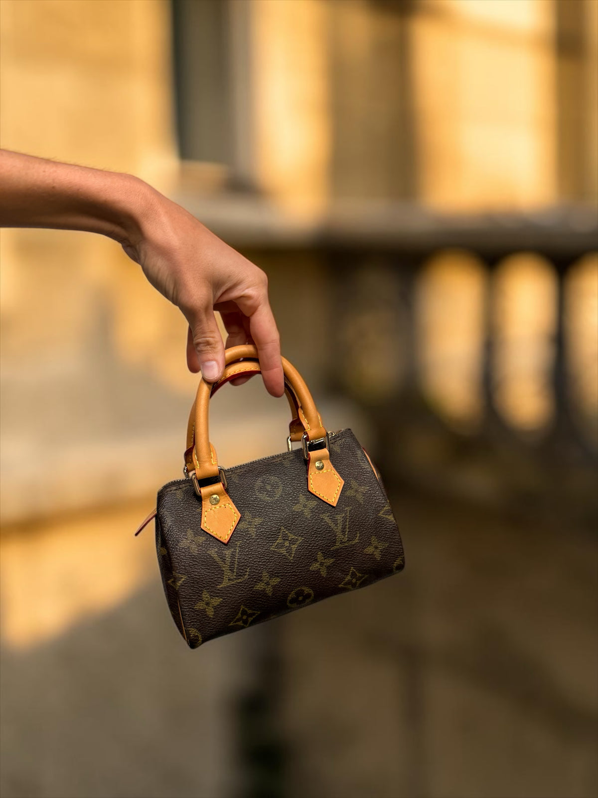 Borsa Borse Vintage Louis Vuitton Speedy in tela monogram con manici in pelle chiara tenuta in mano