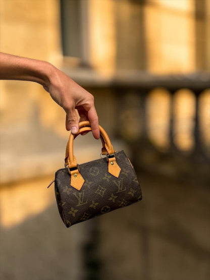 Borsa Borse Vintage Louis Vuitton Speedy in tela monogram con manici in pelle chiara tenuta in mano