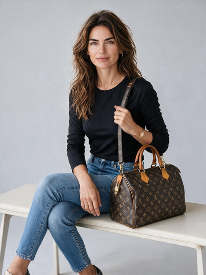 Modella seduta con borsa a mano Borse Vintage Louis Vuitton Speedy in tela Monogram con tracolla e dettagli in pelle