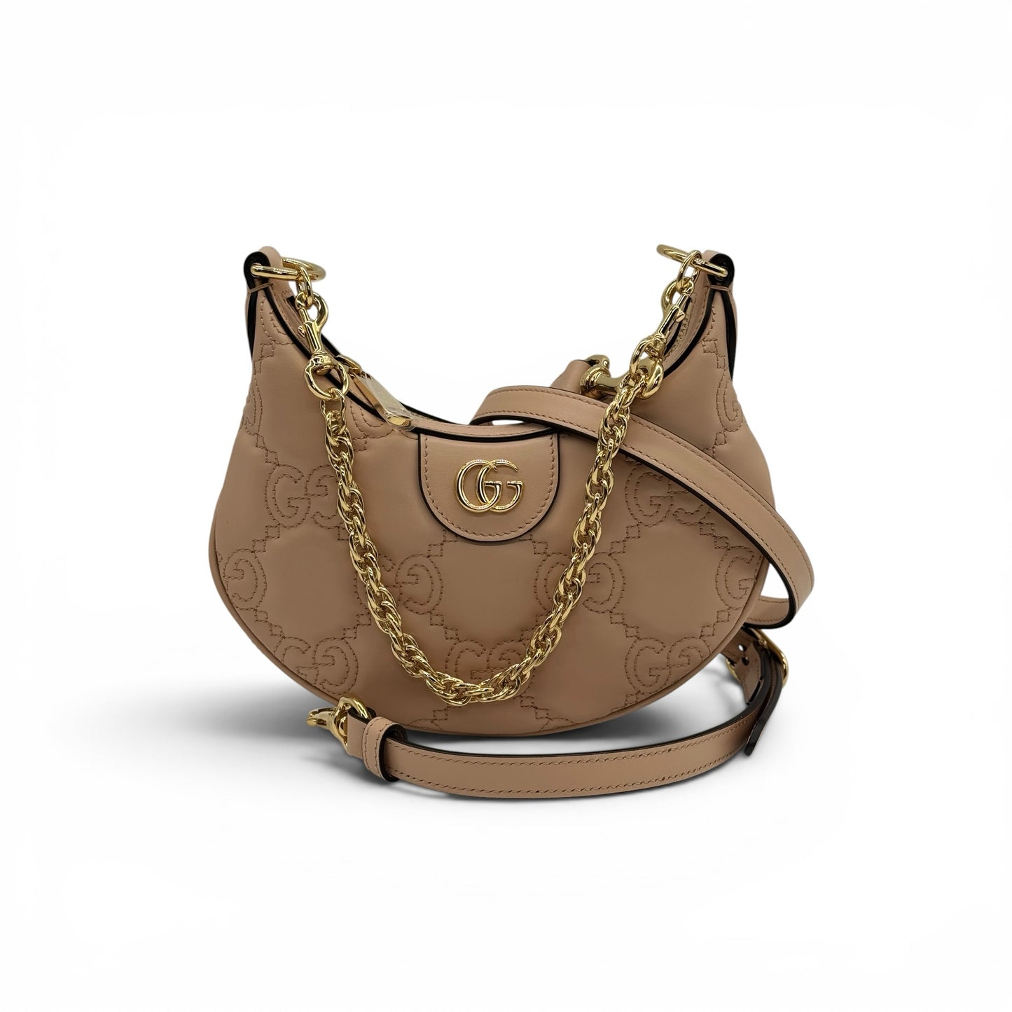 Mini borsa a spalla Borse Vintage Gucci GG Matelassé in pelle beige con logo dorato e catena decorativa