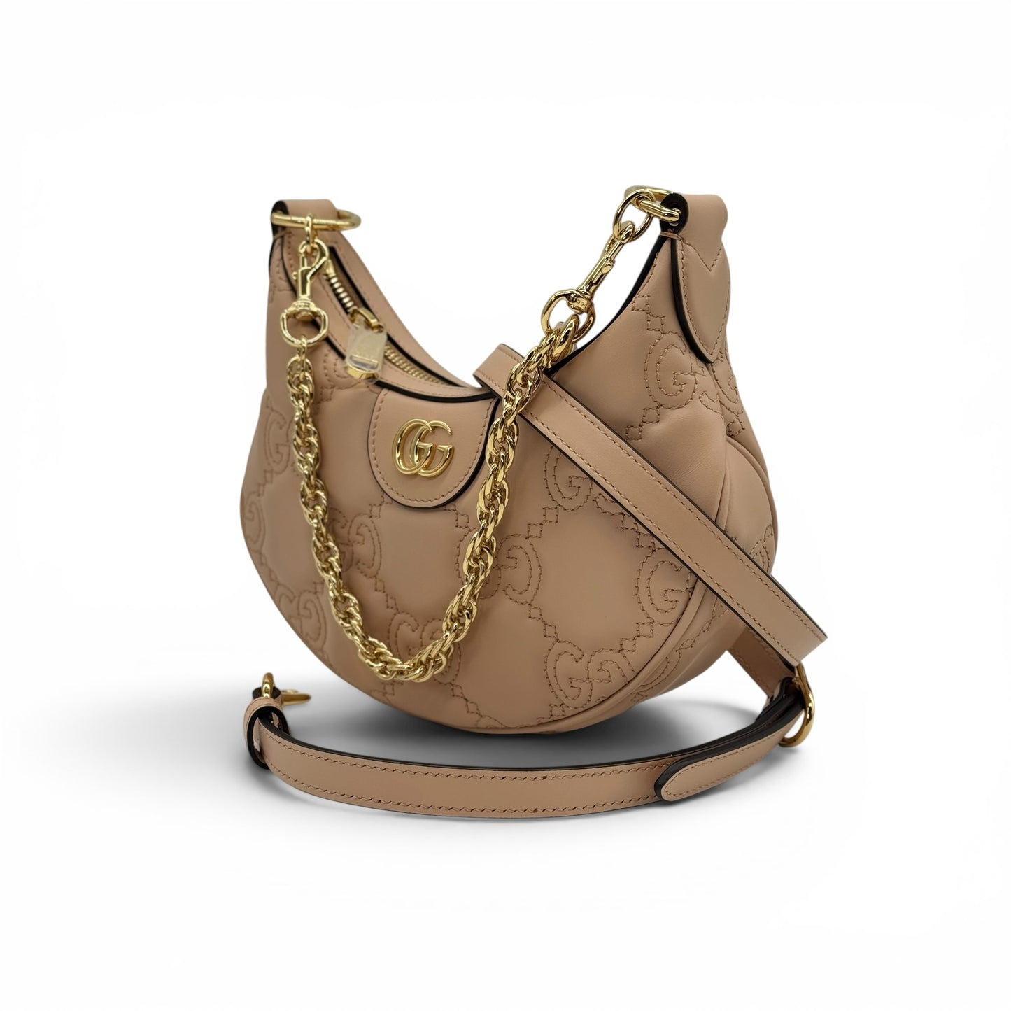 Mini borsa a spalla Borse Vintage Gucci GG Matelassé in pelle beige con logo dorato e catena decorativa