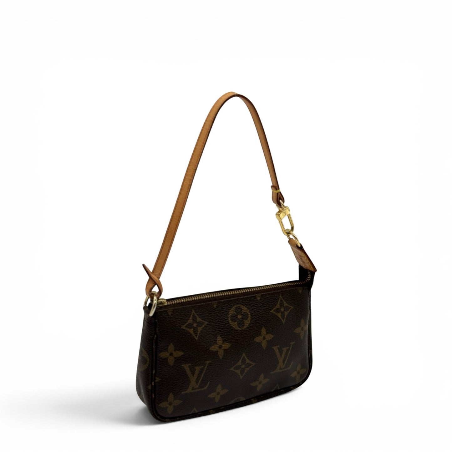 Pochette Accessoires Borse Vintage in tela Monogram marrone con finiture in vacchetta e dettagli dorati