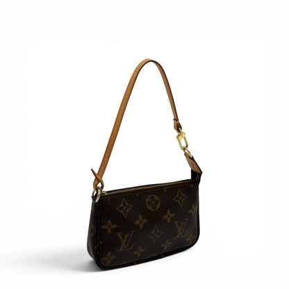 Pochette Accessoires Borse Vintage in tela Monogram marrone con finiture in vacchetta e dettagli dorati